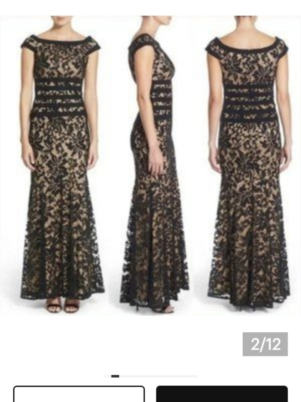 Tadashi Shoji Black Lace Over Nude Maxi Gown